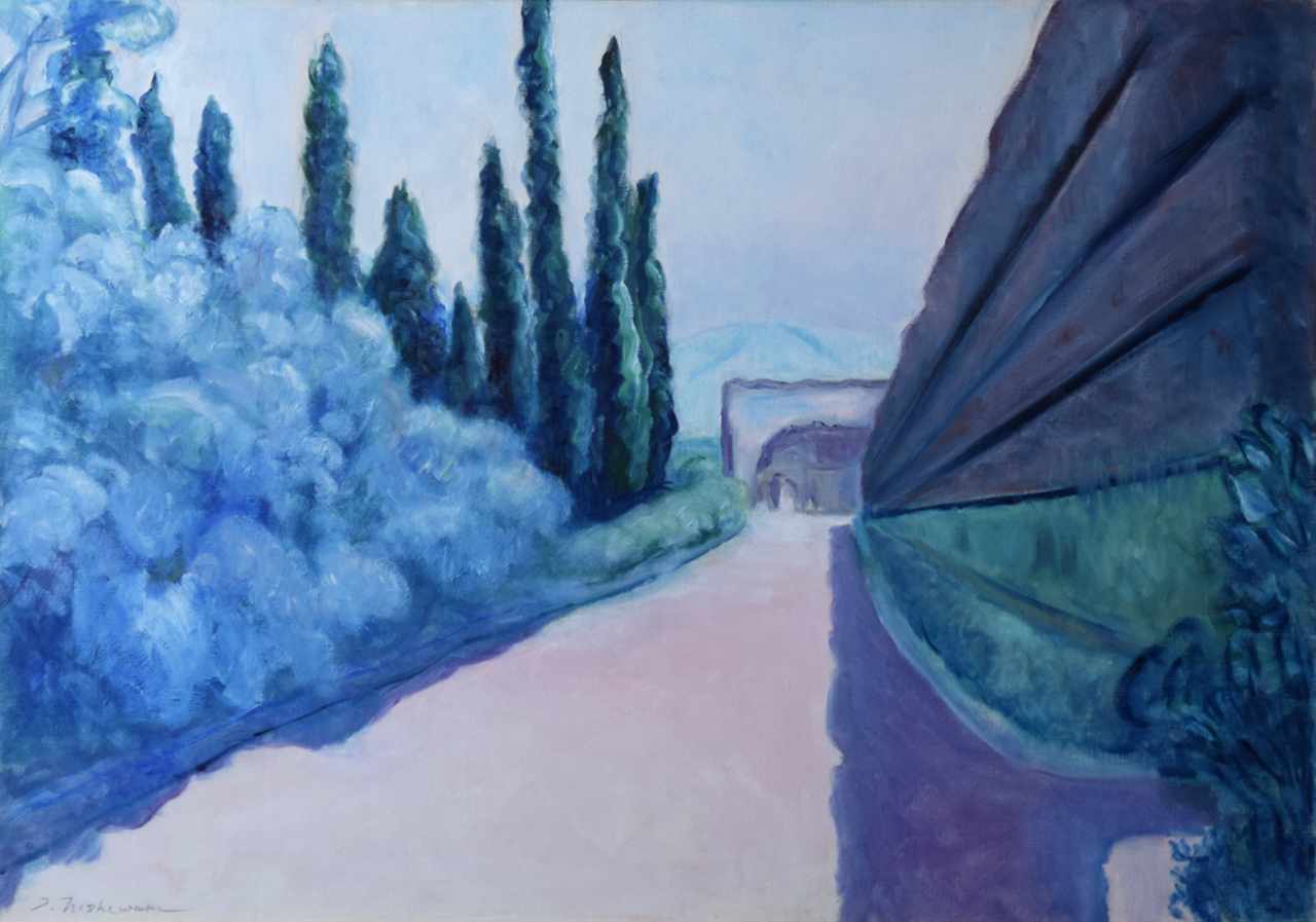 遺跡の風景画で、奥には門、右には城壁、左には糸杉などの木々が描かれている