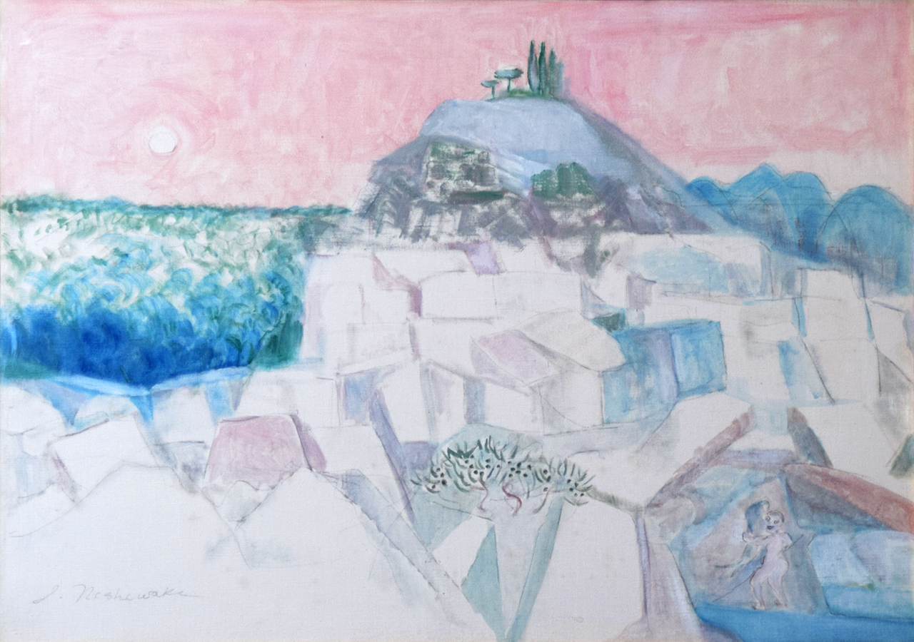 丘の麓に白い家々が並ぶ街の風景画で、イルカを抱えた少年が右下に描かれている