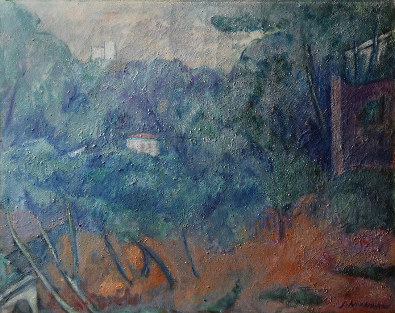 木々に覆われた山中の風景画