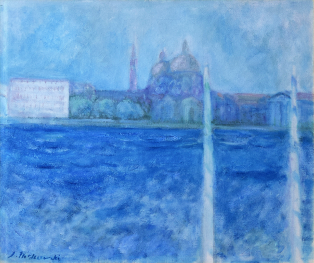 海と河口にある丸屋根の教会が描かれた絵